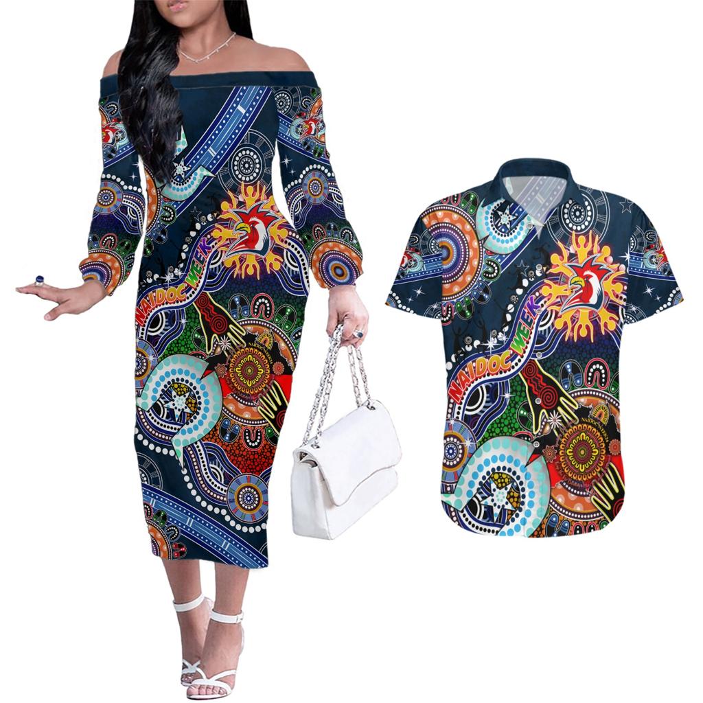 Personalised Roosters NAIDOC Week 2024 Couples Matching Off The Shoulder Long Sleeve Dress and Hawaiian Shirt Australia Aboriginal Dot Painting
