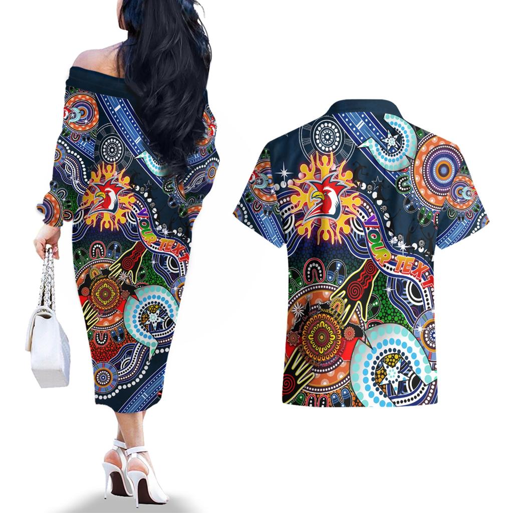 Personalised Roosters NAIDOC Week 2024 Couples Matching Off The Shoulder Long Sleeve Dress and Hawaiian Shirt Australia Aboriginal Dot Painting