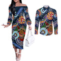 Personalised Roosters NAIDOC Week 2024 Couples Matching Off The Shoulder Long Sleeve Dress and Long Sleeve Button Shirt Australia Aboriginal Dot Painting