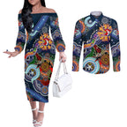 Personalised Roosters NAIDOC Week 2024 Couples Matching Off The Shoulder Long Sleeve Dress and Long Sleeve Button Shirt Australia Aboriginal Dot Painting