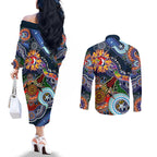 Personalised Roosters NAIDOC Week 2024 Couples Matching Off The Shoulder Long Sleeve Dress and Long Sleeve Button Shirt Australia Aboriginal Dot Painting