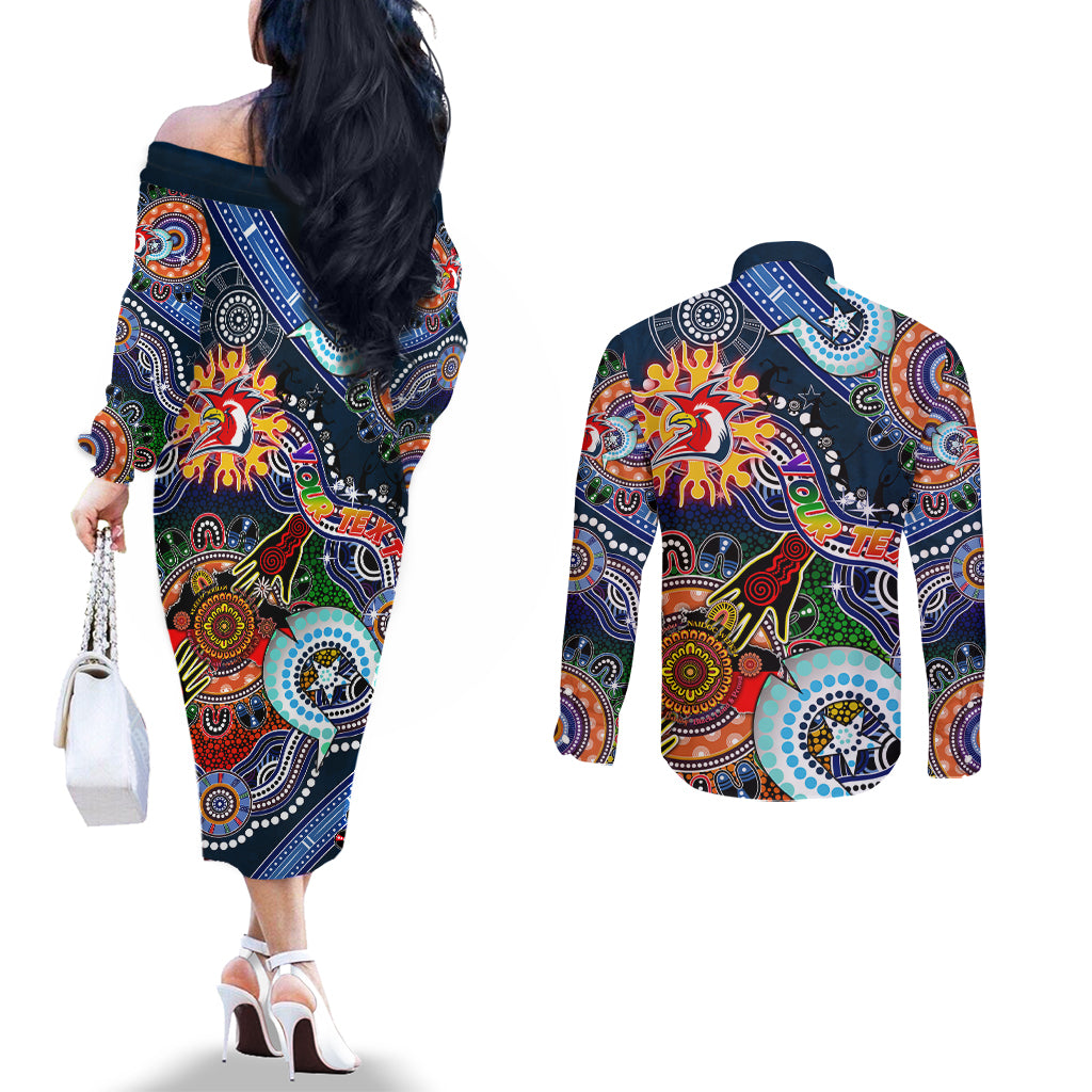 Personalised Roosters NAIDOC Week 2024 Couples Matching Off The Shoulder Long Sleeve Dress and Long Sleeve Button Shirt Australia Aboriginal Dot Painting