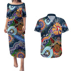 Personalised Roosters NAIDOC Week 2024 Couples Matching Puletasi and Hawaiian Shirt Australia Aboriginal Dot Painting