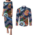 Personalised Roosters NAIDOC Week 2024 Couples Matching Puletasi and Long Sleeve Button Shirt Australia Aboriginal Dot Painting