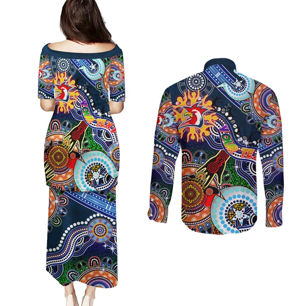 Personalised Roosters NAIDOC Week 2024 Couples Matching Puletasi and Long Sleeve Button Shirt Australia Aboriginal Dot Painting