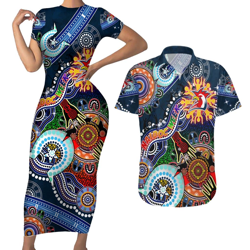 Personalised Roosters NAIDOC Week 2024 Couples Matching Short Sleeve Bodycon Dress and Hawaiian Shirt Australia Aboriginal Dot Painting
