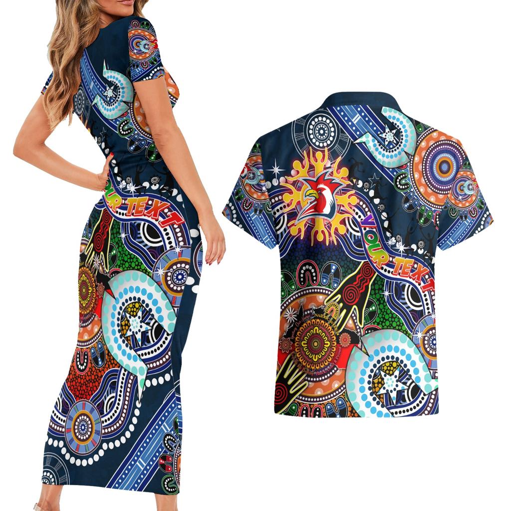 Personalised Roosters NAIDOC Week 2024 Couples Matching Short Sleeve Bodycon Dress and Hawaiian Shirt Australia Aboriginal Dot Painting