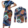 Personalised Roosters NAIDOC Week 2024 Couples Matching Short Sleeve Bodycon Dress and Long Sleeve Button Shirt Australia Aboriginal Dot Painting