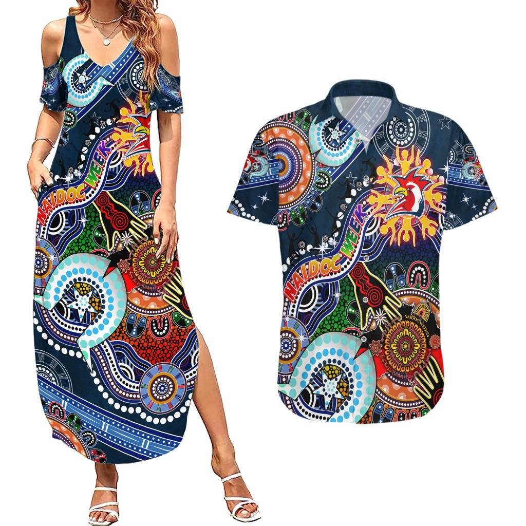 Personalised Roosters NAIDOC Week 2024 Couples Matching Summer Maxi Dress and Hawaiian Shirt Australia Aboriginal Dot Painting