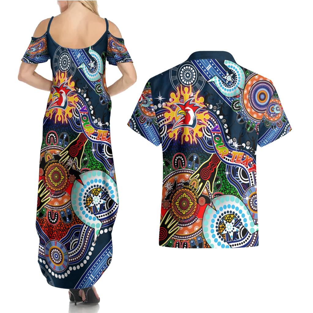 Personalised Roosters NAIDOC Week 2024 Couples Matching Summer Maxi Dress and Hawaiian Shirt Australia Aboriginal Dot Painting