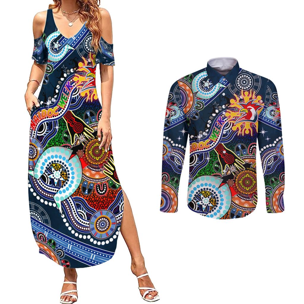 Personalised Roosters NAIDOC Week 2024 Couples Matching Summer Maxi Dress and Long Sleeve Button Shirt Australia Aboriginal Dot Painting