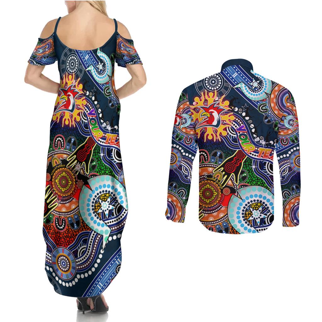 Personalised Roosters NAIDOC Week 2024 Couples Matching Summer Maxi Dress and Long Sleeve Button Shirt Australia Aboriginal Dot Painting