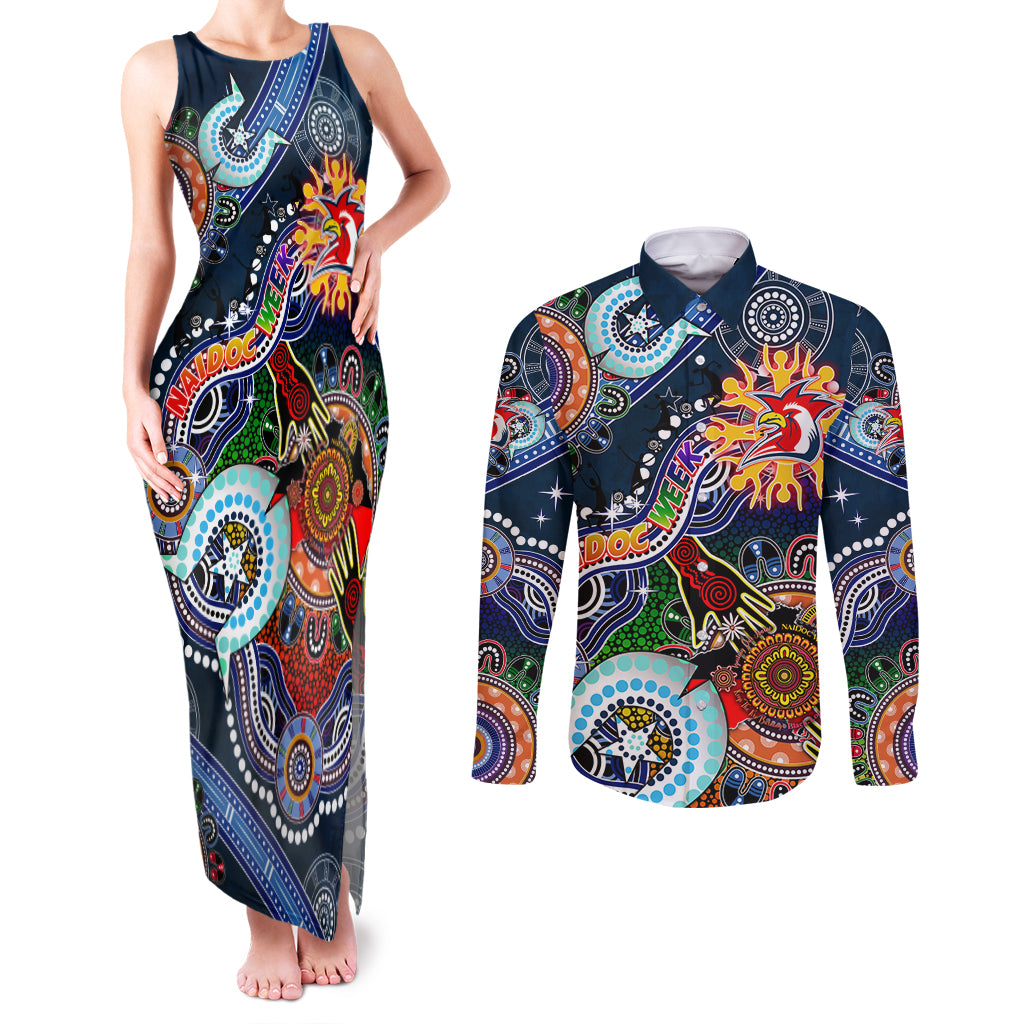 Personalised Roosters NAIDOC Week 2024 Couples Matching Tank Maxi Dress and Long Sleeve Button Shirt Australia Aboriginal Dot Painting