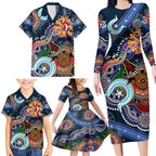 Personalised Roosters NAIDOC Week 2024 Family Matching Long Sleeve Bodycon Dress and Hawaiian Shirt Australia Aboriginal Dot Painting