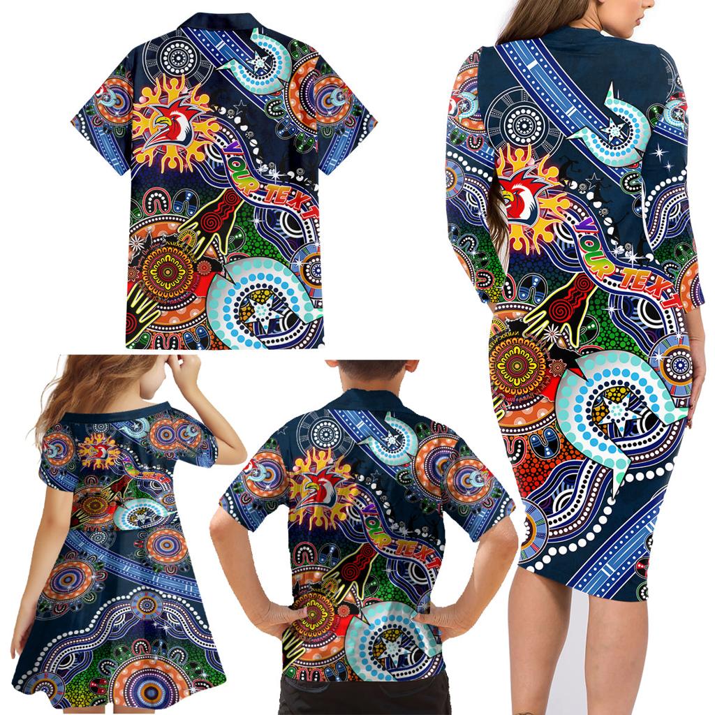 Personalised Roosters NAIDOC Week 2024 Family Matching Long Sleeve Bodycon Dress and Hawaiian Shirt Australia Aboriginal Dot Painting