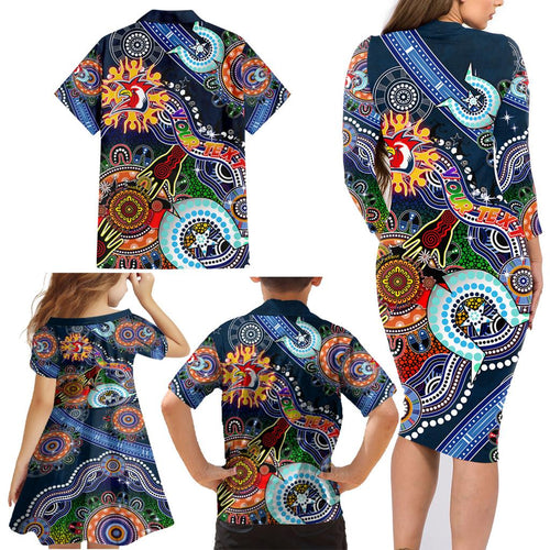 Personalised Roosters NAIDOC Week 2024 Family Matching Long Sleeve Bodycon Dress and Hawaiian Shirt Australia Aboriginal Dot Painting