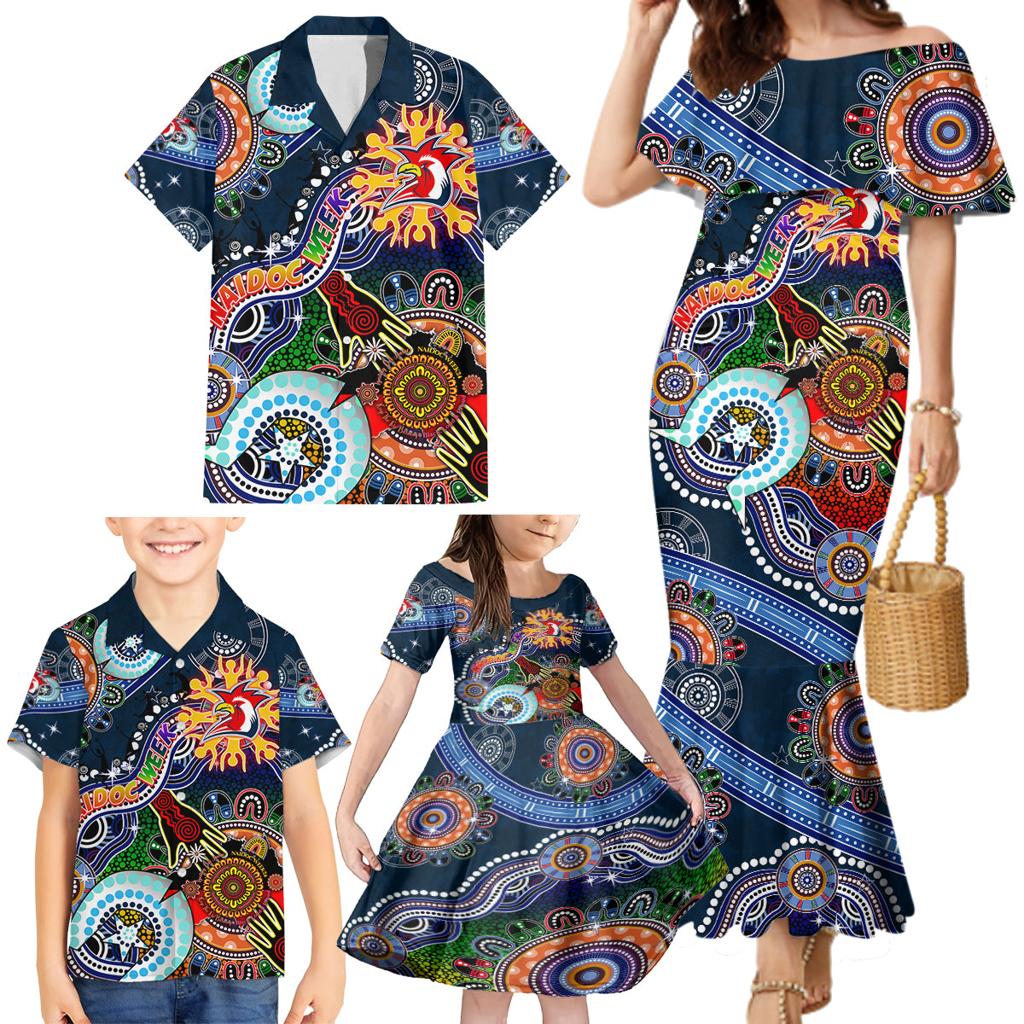 Personalised Roosters NAIDOC Week 2024 Family Matching Mermaid Dress and Hawaiian Shirt Australia Aboriginal Dot Painting