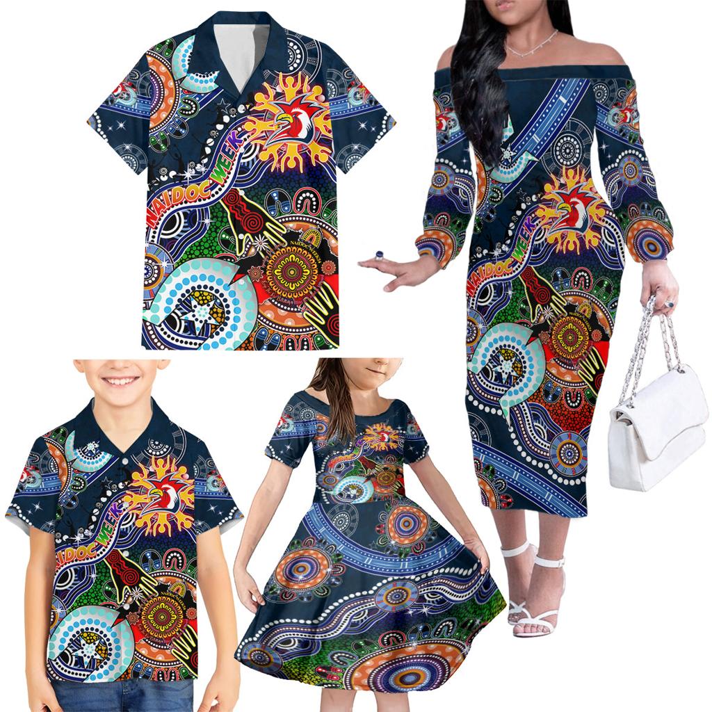 Personalised Roosters NAIDOC Week 2024 Family Matching Off The Shoulder Long Sleeve Dress and Hawaiian Shirt Australia Aboriginal Dot Painting