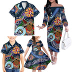 Personalised Roosters NAIDOC Week 2024 Family Matching Off The Shoulder Long Sleeve Dress and Hawaiian Shirt Australia Aboriginal Dot Painting