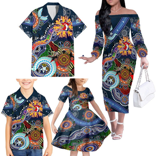 Personalised Roosters NAIDOC Week 2024 Family Matching Off The Shoulder Long Sleeve Dress and Hawaiian Shirt Australia Aboriginal Dot Painting