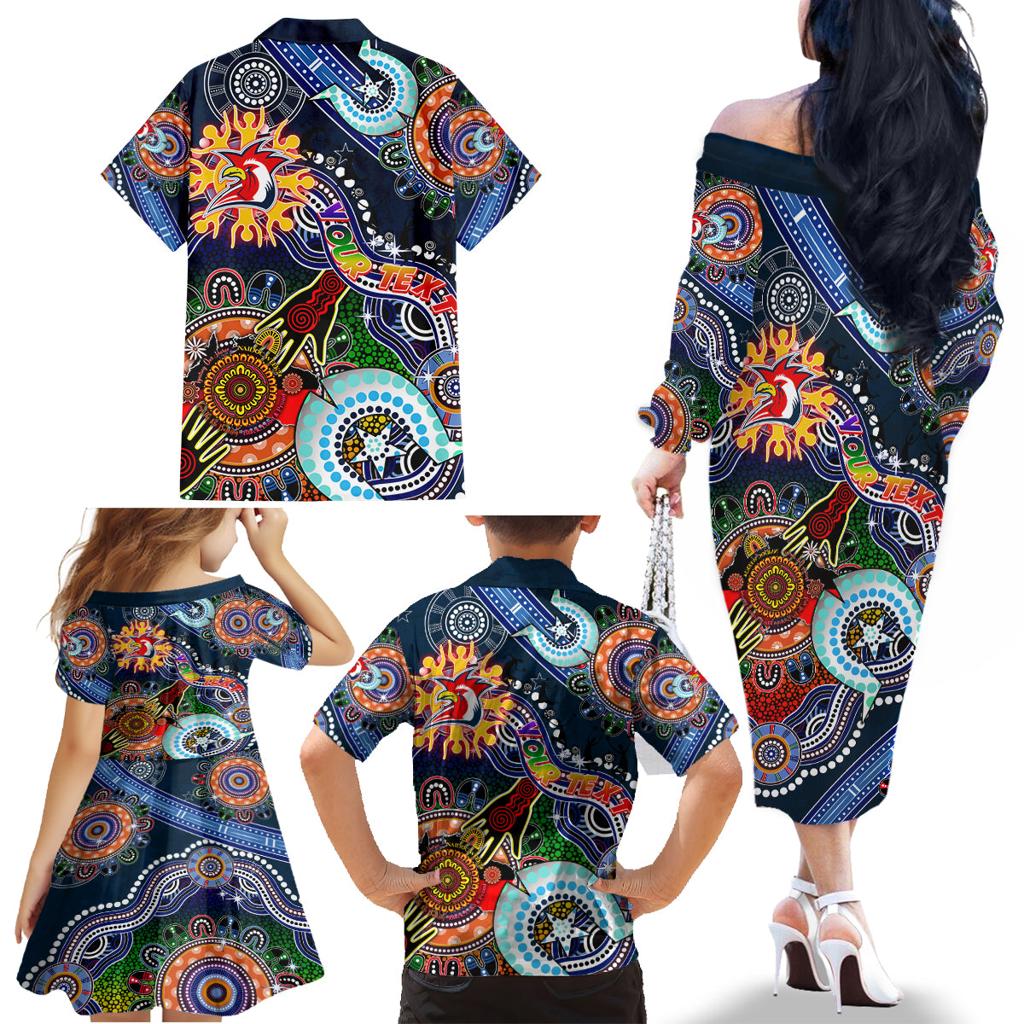 Personalised Roosters NAIDOC Week 2024 Family Matching Off The Shoulder Long Sleeve Dress and Hawaiian Shirt Australia Aboriginal Dot Painting