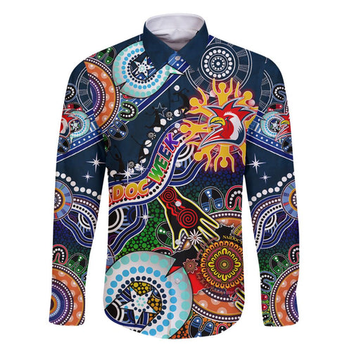 Personalised Roosters NAIDOC Week 2024 Family Matching Off The Shoulder Long Sleeve Dress and Hawaiian Shirt Australia Aboriginal Dot Painting
