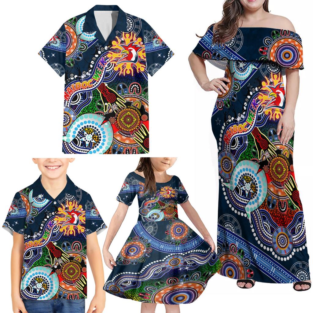 Personalised Roosters NAIDOC Week 2024 Family Matching Off Shoulder Maxi Dress and Hawaiian Shirt Australia Aboriginal Dot Painting