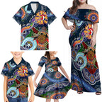 Personalised Roosters NAIDOC Week 2024 Family Matching Off Shoulder Maxi Dress and Hawaiian Shirt Australia Aboriginal Dot Painting