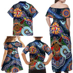 Personalised Roosters NAIDOC Week 2024 Family Matching Off Shoulder Maxi Dress and Hawaiian Shirt Australia Aboriginal Dot Painting