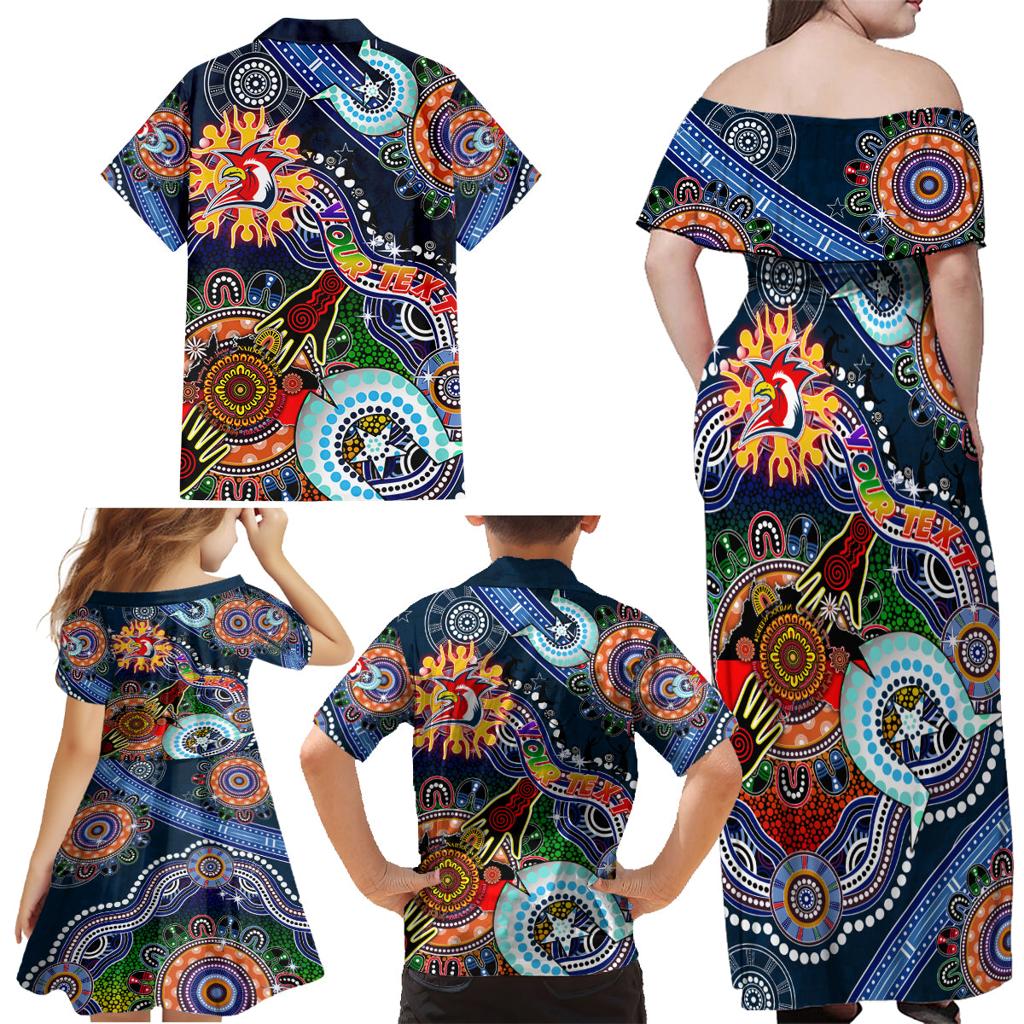 Personalised Roosters NAIDOC Week 2024 Family Matching Off Shoulder Maxi Dress and Hawaiian Shirt Australia Aboriginal Dot Painting