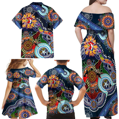 Personalised Roosters NAIDOC Week 2024 Family Matching Off Shoulder Maxi Dress and Hawaiian Shirt Australia Aboriginal Dot Painting