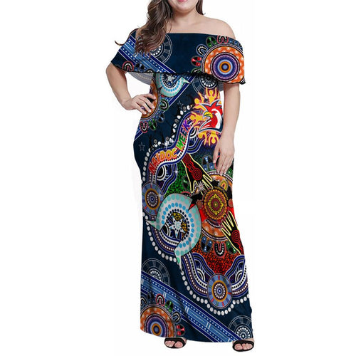 Personalised Roosters NAIDOC Week 2024 Family Matching Off Shoulder Maxi Dress and Hawaiian Shirt Australia Aboriginal Dot Painting