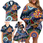 Personalised Roosters NAIDOC Week 2024 Family Matching Off Shoulder Short Dress and Hawaiian Shirt Australia Aboriginal Dot Painting