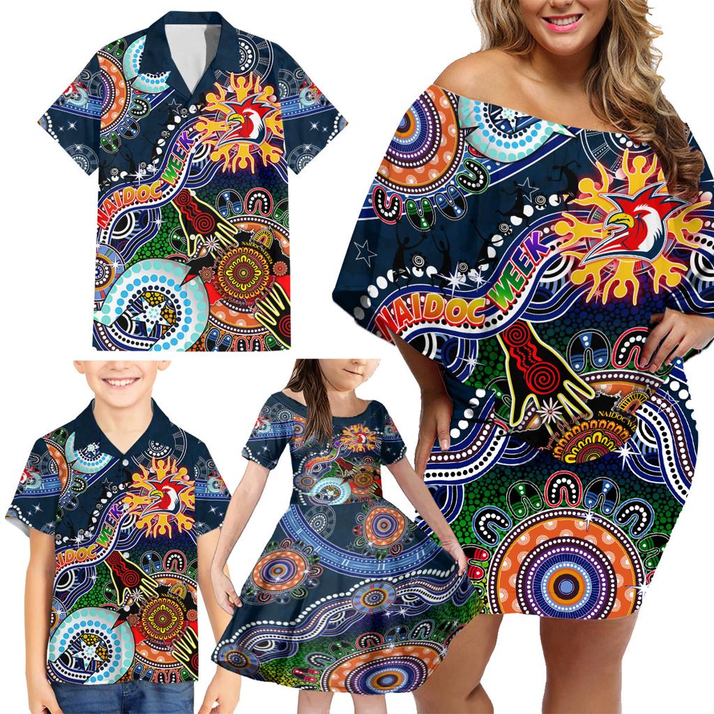 Personalised Roosters NAIDOC Week 2024 Family Matching Off Shoulder Short Dress and Hawaiian Shirt Australia Aboriginal Dot Painting