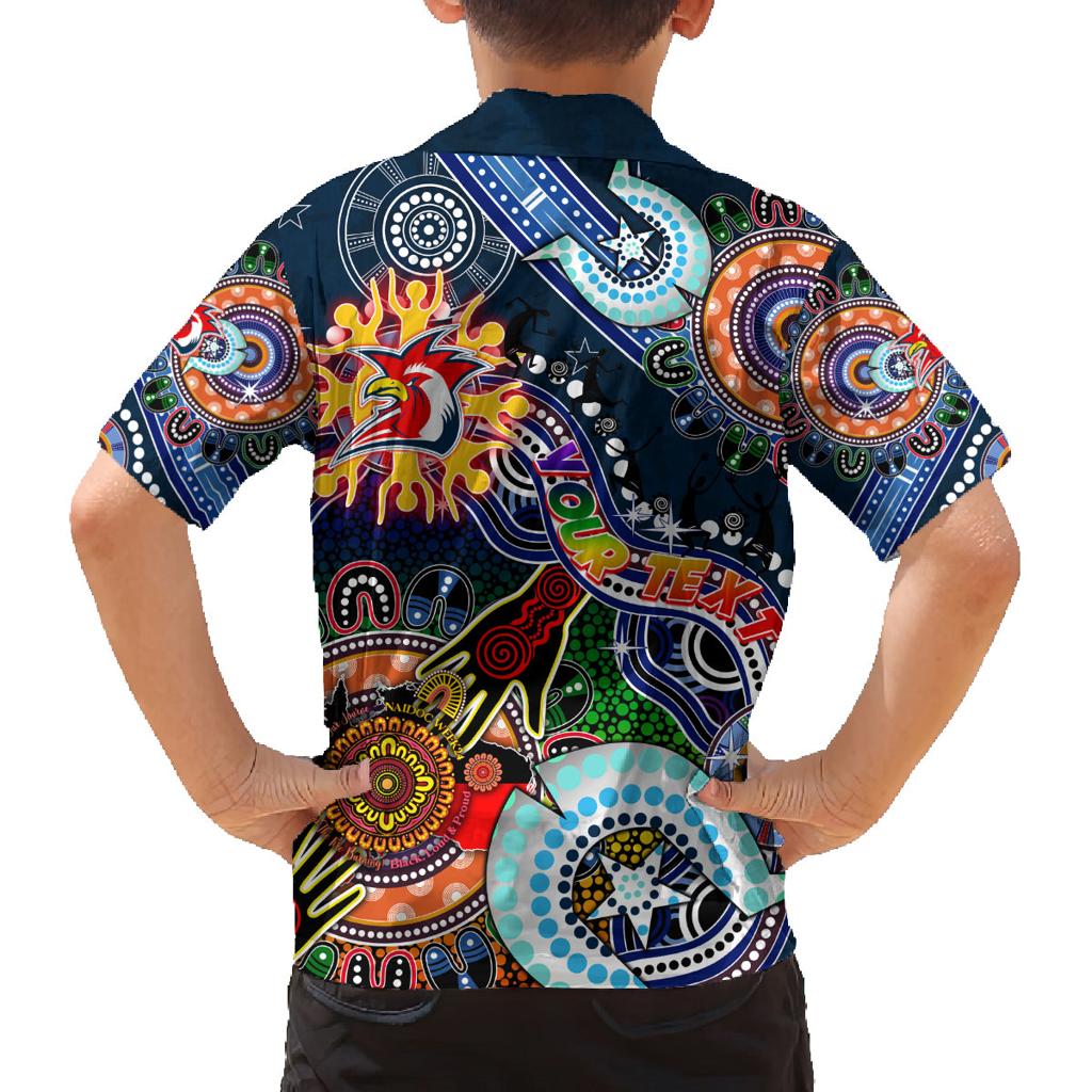 Personalised Roosters NAIDOC Week 2024 Family Matching Off Shoulder Short Dress and Hawaiian Shirt Australia Aboriginal Dot Painting