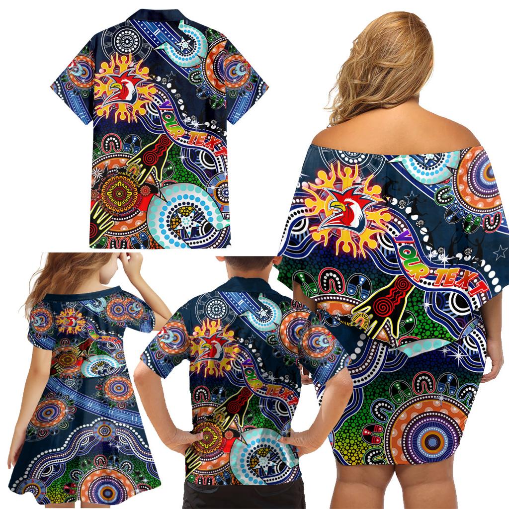Personalised Roosters NAIDOC Week 2024 Family Matching Off Shoulder Short Dress and Hawaiian Shirt Australia Aboriginal Dot Painting