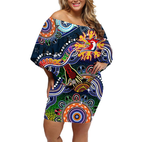 Personalised Roosters NAIDOC Week 2024 Family Matching Off Shoulder Short Dress and Hawaiian Shirt Australia Aboriginal Dot Painting