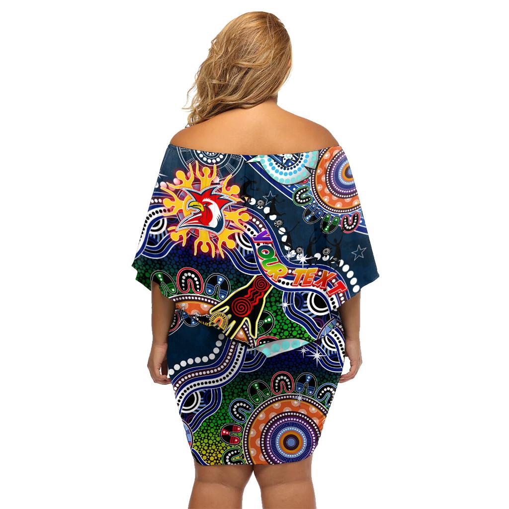 Personalised Roosters NAIDOC Week 2024 Family Matching Off Shoulder Short Dress and Hawaiian Shirt Australia Aboriginal Dot Painting