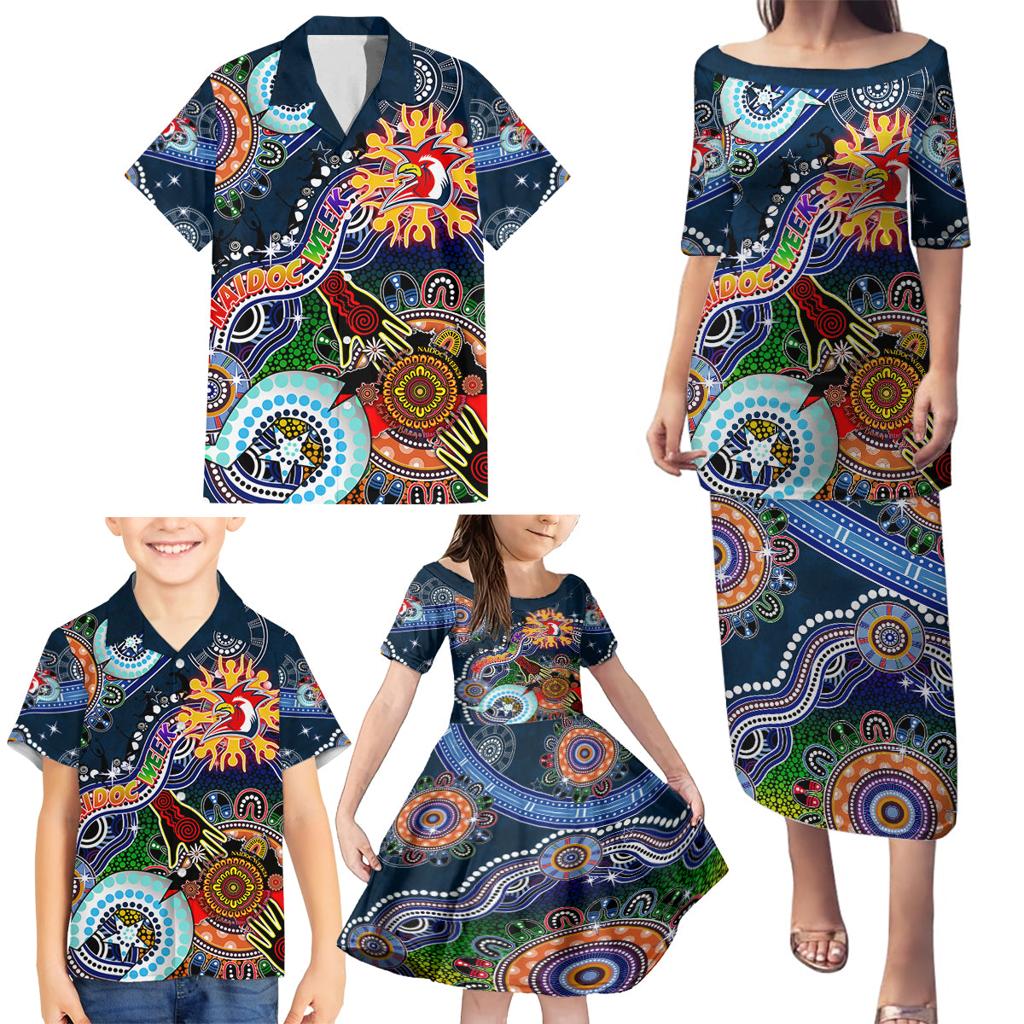 Personalised Roosters NAIDOC Week 2024 Family Matching Puletasi and Hawaiian Shirt Australia Aboriginal Dot Painting