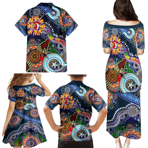 Personalised Roosters NAIDOC Week 2024 Family Matching Puletasi and Hawaiian Shirt Australia Aboriginal Dot Painting