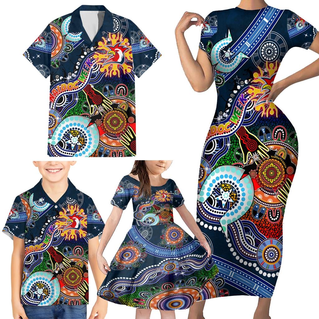 Personalised Roosters NAIDOC Week 2024 Family Matching Short Sleeve Bodycon Dress and Hawaiian Shirt Australia Aboriginal Dot Painting