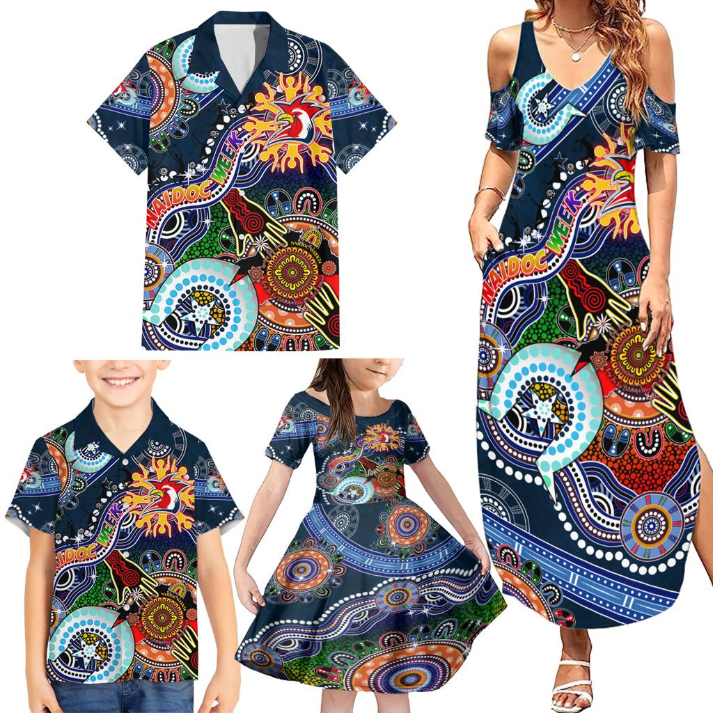 Personalised Roosters NAIDOC Week 2024 Family Matching Summer Maxi Dress and Hawaiian Shirt Australia Aboriginal Dot Painting