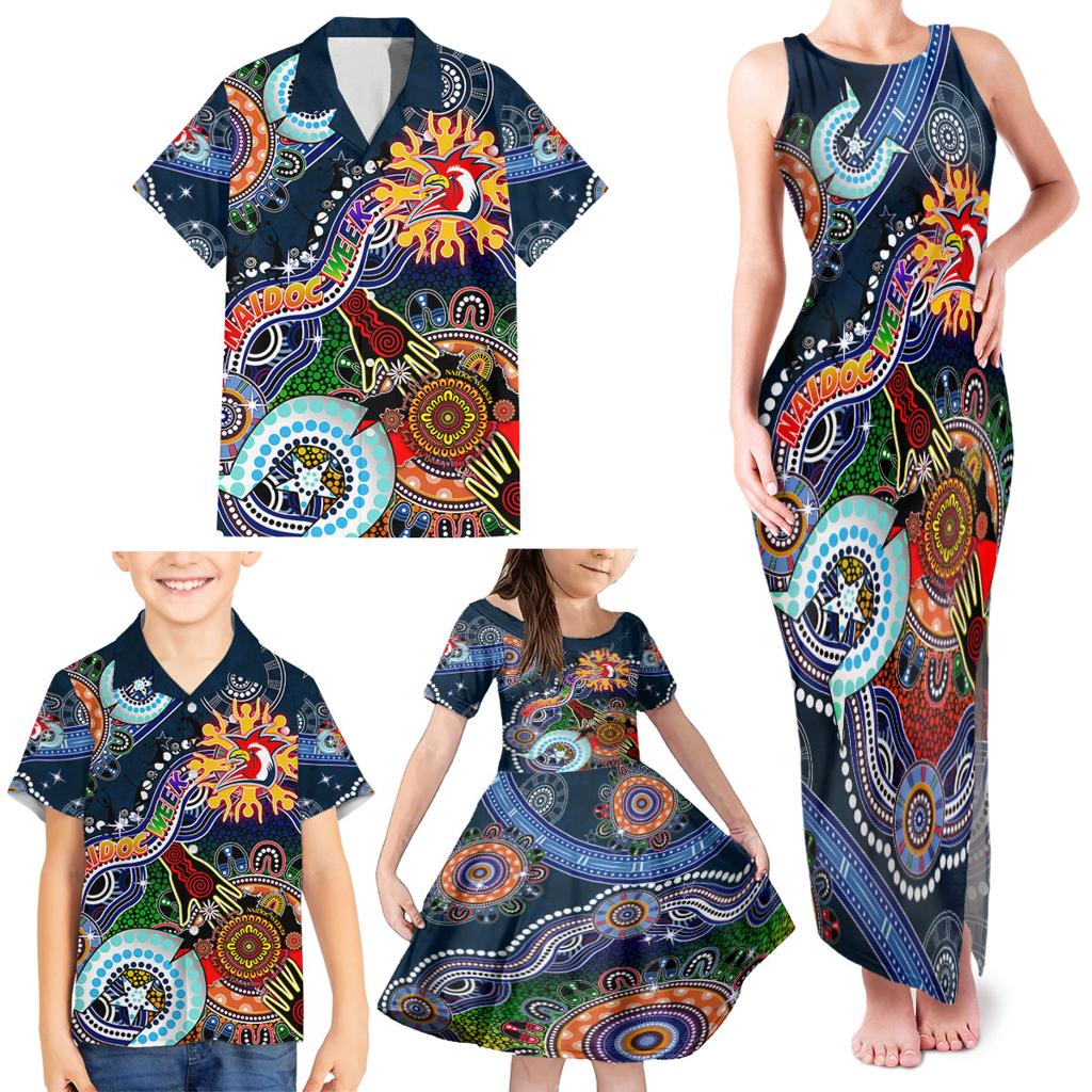 Personalised Roosters NAIDOC Week 2024 Family Matching Tank Maxi Dress and Hawaiian Shirt Australia Aboriginal Dot Painting