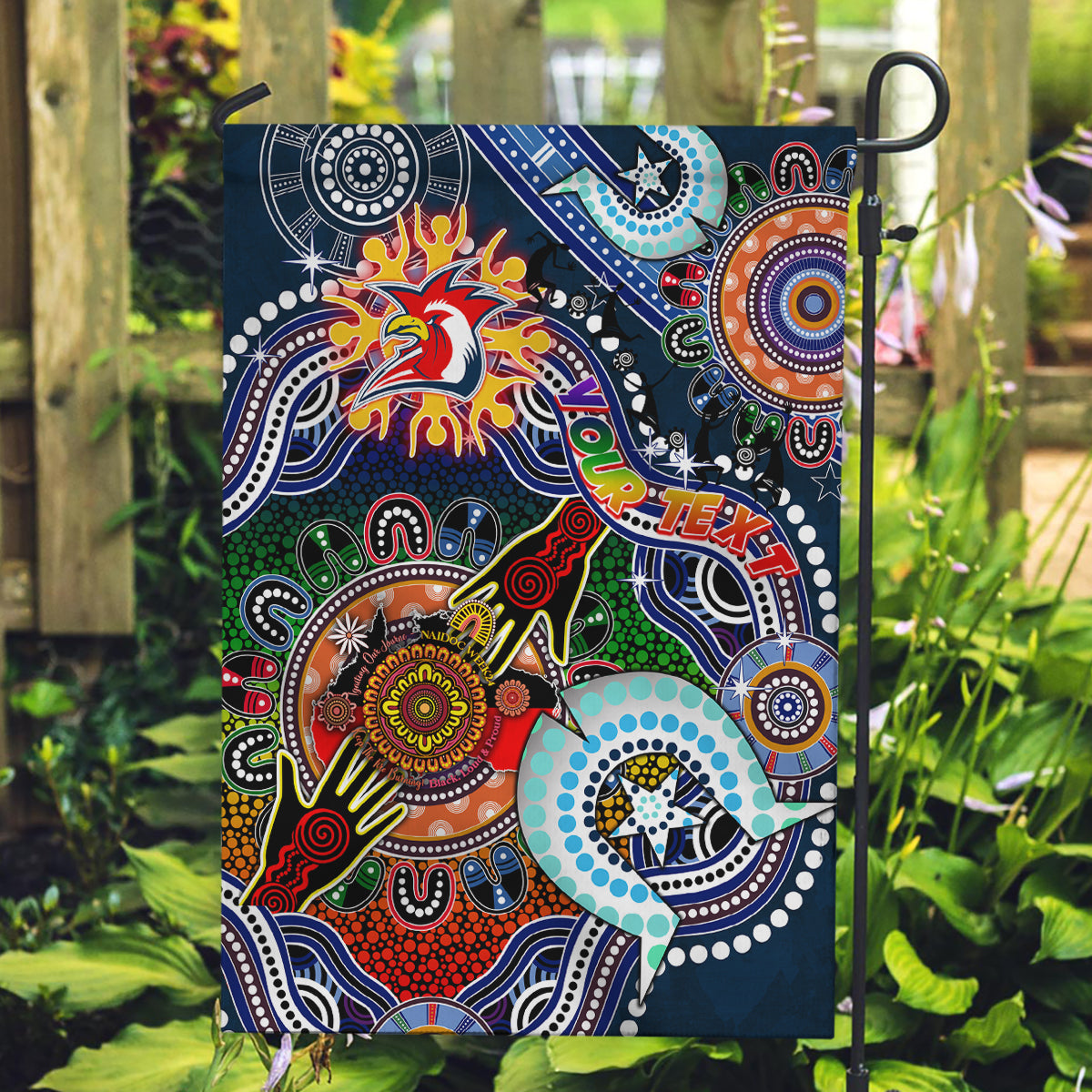 Personalised Roosters NAIDOC Week 2024 Garden Flag Australia Aboriginal Dot Painting