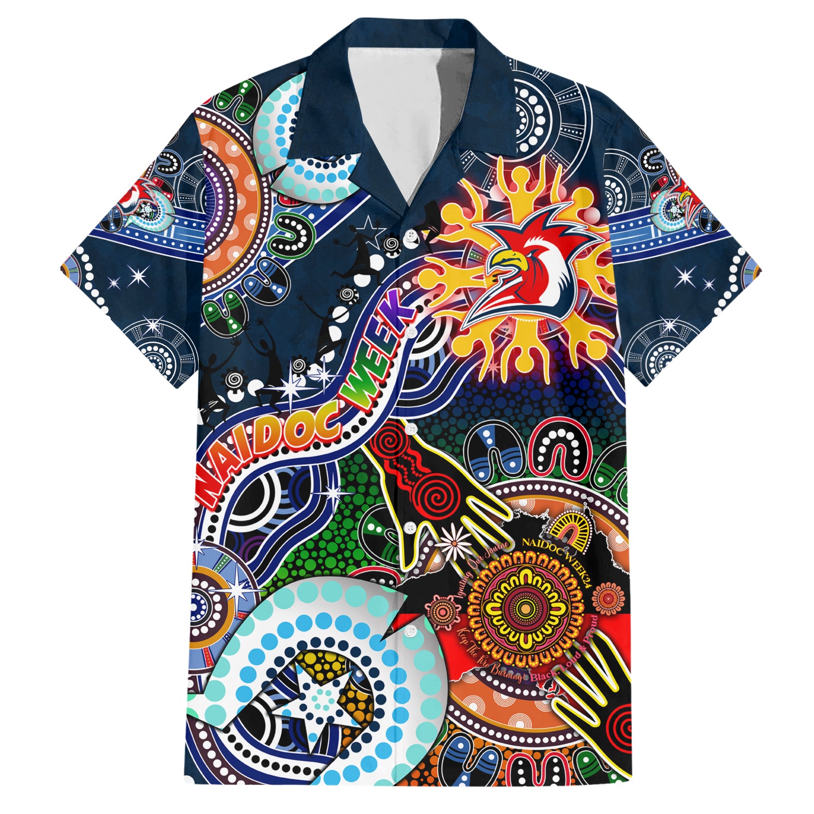 Personalised Roosters NAIDOC Week 2024 Hawaiian Shirt Australia Aboriginal Dot Painting