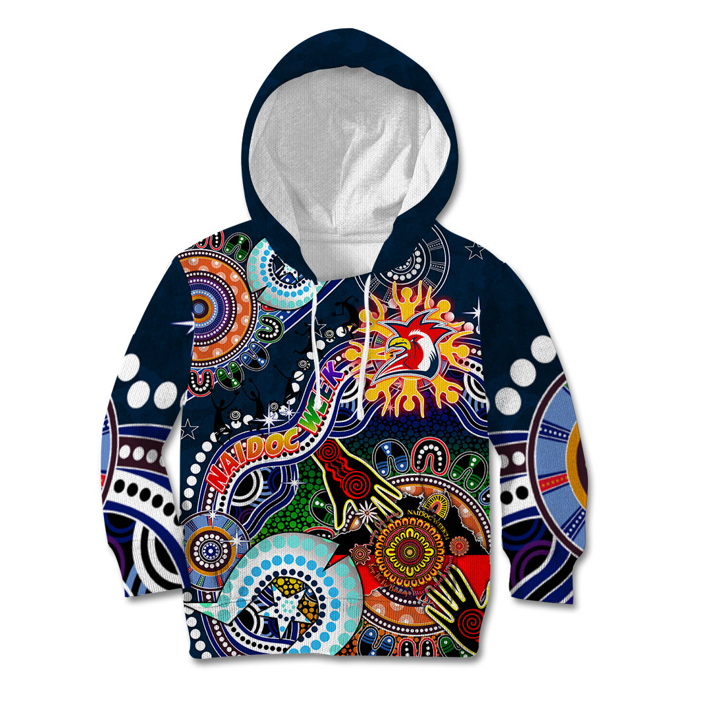 Personalised Roosters NAIDOC Week 2024 Kid Hoodie Australia Aboriginal Dot Painting