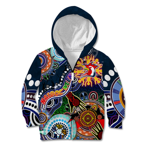 Personalised Roosters NAIDOC Week 2024 Kid Hoodie Australia Aboriginal Dot Painting