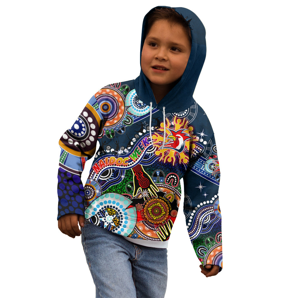 Personalised Roosters NAIDOC Week 2024 Kid Hoodie Australia Aboriginal Dot Painting