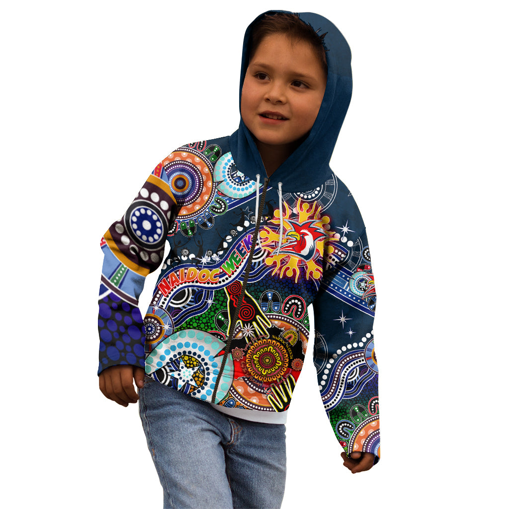 Personalised Roosters NAIDOC Week 2024 Kid Hoodie Australia Aboriginal Dot Painting