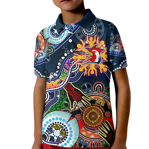Personalised Roosters NAIDOC Week 2024 Kid Polo Shirt Australia Aboriginal Dot Painting